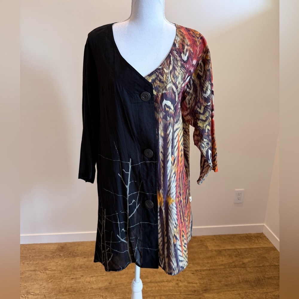 Leopards & Roses Button Down Lagenlook Asymmetrical Tunic Lagom Artsy size XL